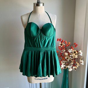 NWOT Bettie Page Size 10 Bandeau One Piece Skirted Swimsuit Emerald Green